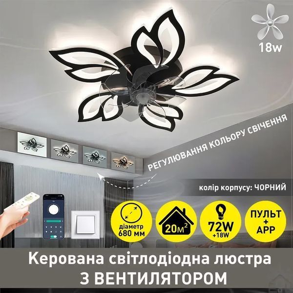 Потолочная люстра-вентилятор Fan Astra Black SMART 85 Вт 3000-6000K с пультом, черная 10580 фото