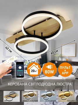 Люстра LED минималестическа дерево круглая с пультом WOODY 80W-2R-APP черная 10220 фото